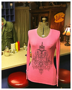 Pink Rhinestone Chandelier Thermal Long Sleeve Shirt Top Small Medium